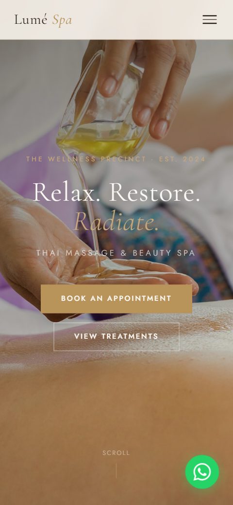 Lumé Spa website mobile screenshot